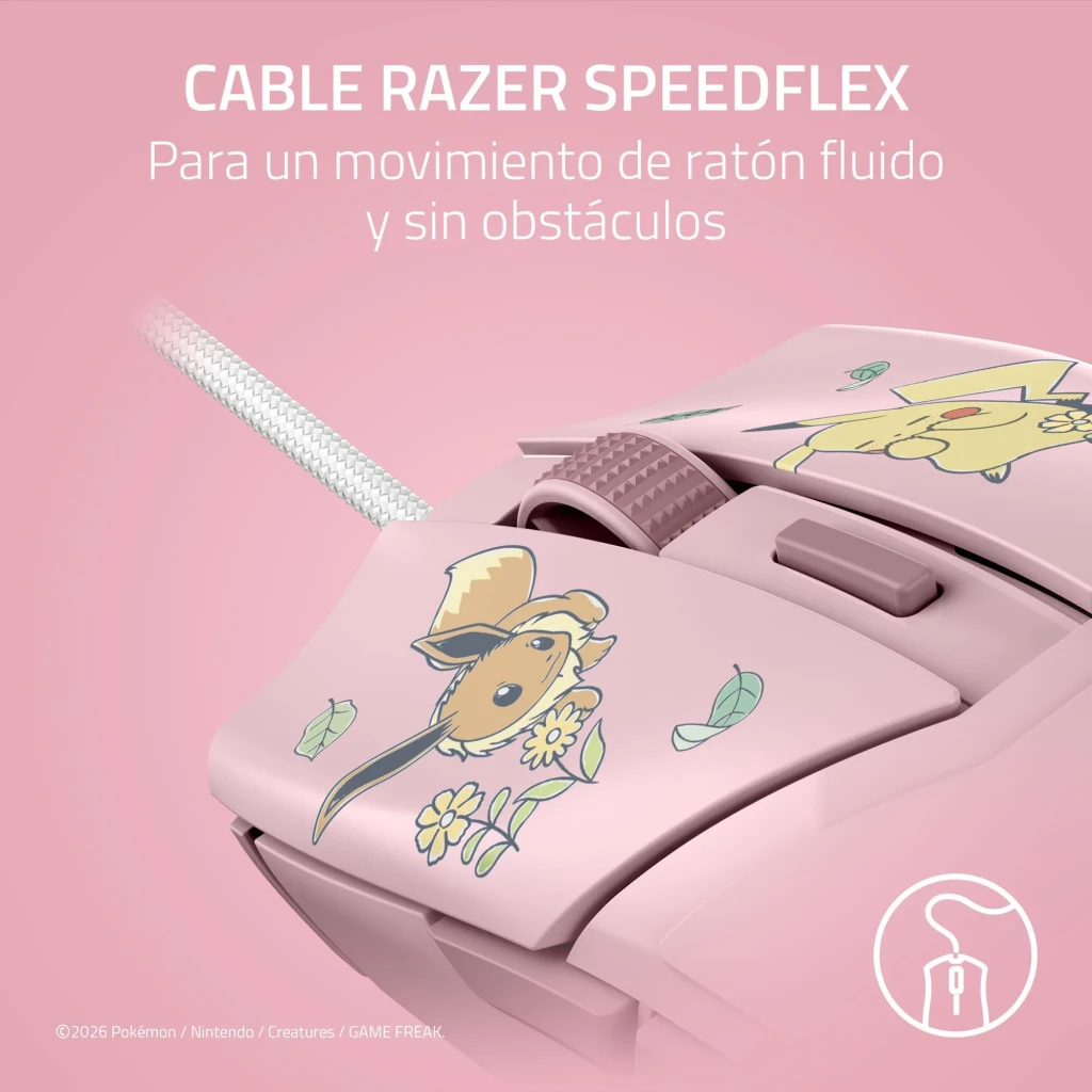 Razer Cobra Édition Pokémon Pikachu & Eevee 8500 DPI Rose, détail: câble SpeedFlex tressé et illustration Eevee et Pikachu
