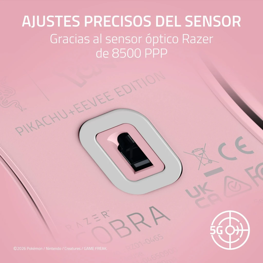 Razer Cobra Édition Pokémon Pikachu & Eevee 8500 DPI Rose, dessous: gros plan du capteur optique 5G avec inscription