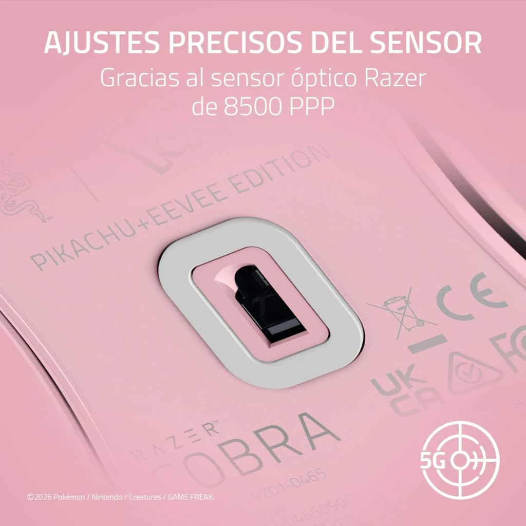 Razer Cobra Édition Pokémon Pikachu & Eevee 8500 DPI Rose, dessous: gros plan du capteur optique 5G avec inscription