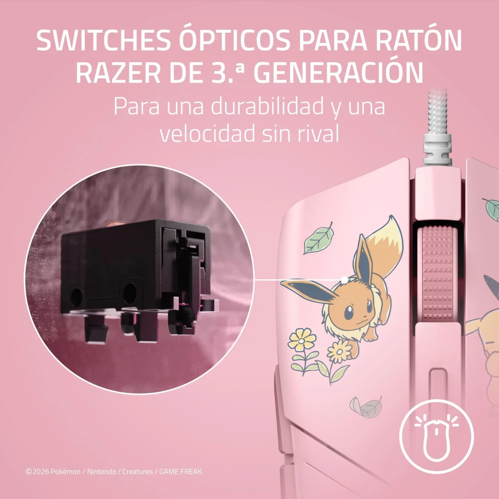 Razer Cobra Pokémon Pikachu & Eevee 8500 DPI Rose, détail: switch optique 3e gen en gros plan et côté avec illustration