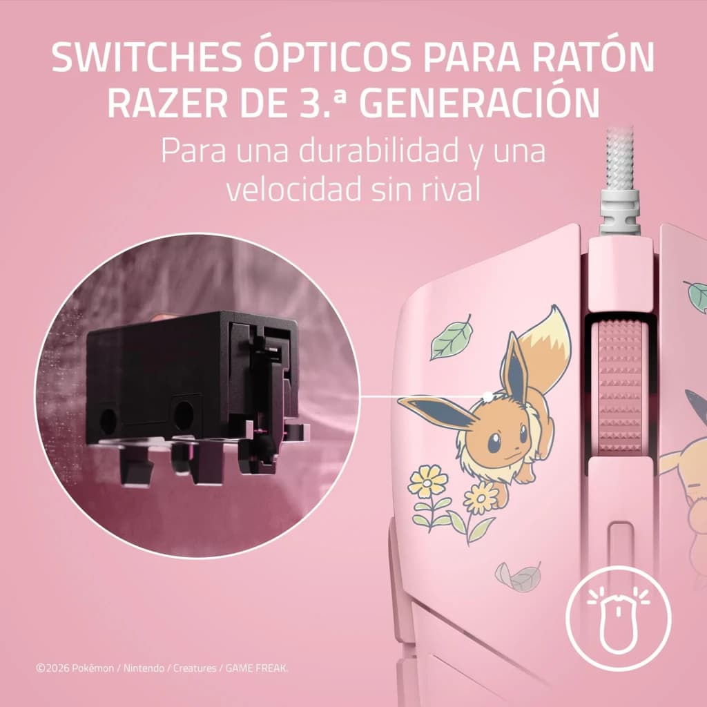 Razer Cobra Pokémon Pikachu & Eevee 8500 DPI Rose, détail: switch optique 3e gen en gros plan et côté avec illustration
