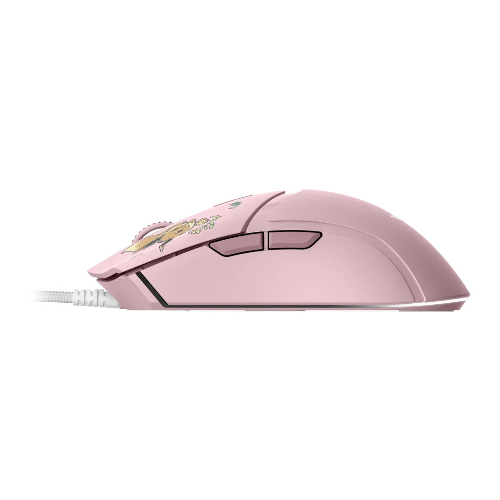 Razer Cobra Édition Pokémon Pikachu & Eevee 8500 DPI Rose, vue latérale: boutons latéraux et motif Eevee sur coque rose