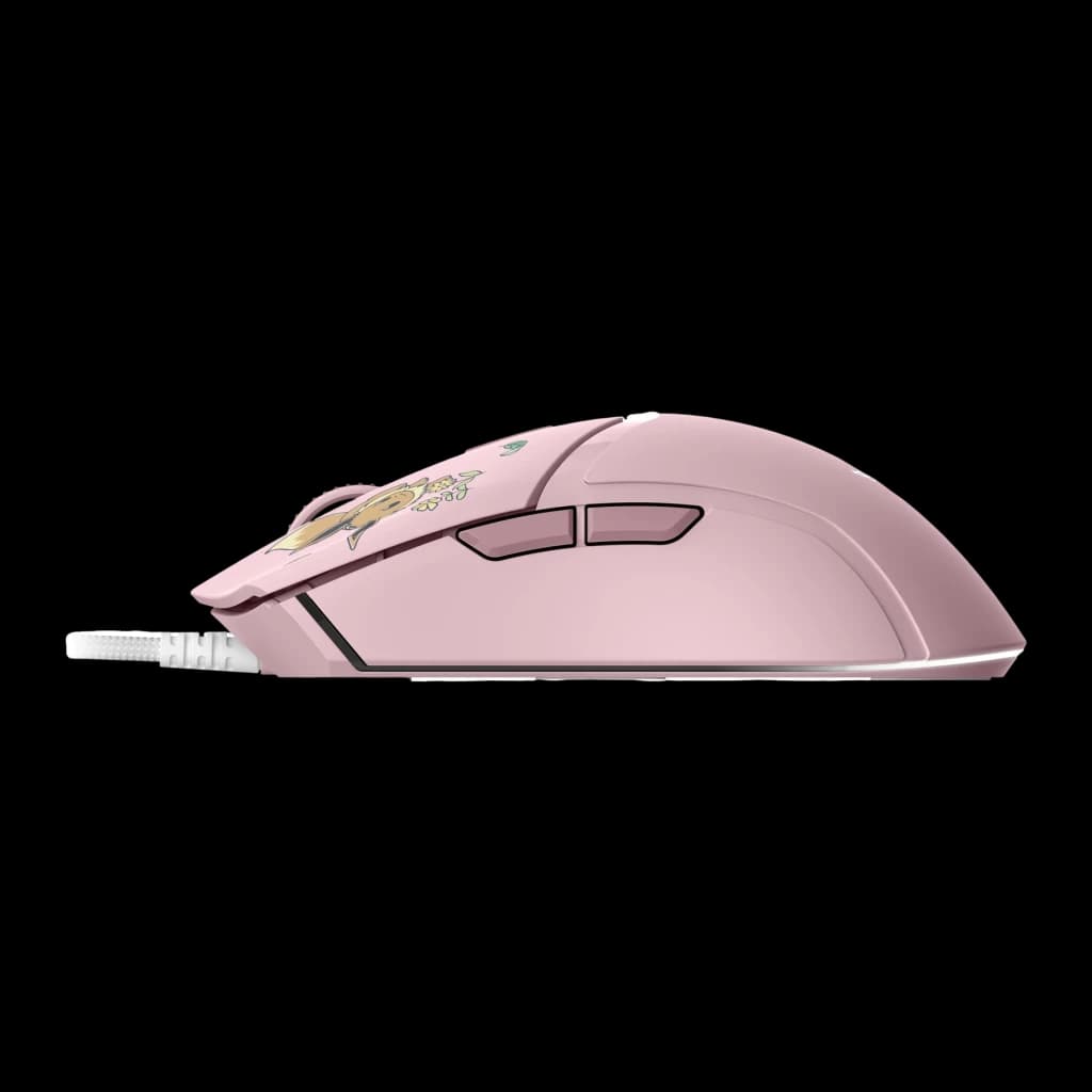 Razer Cobra Édition Pokémon Pikachu & Eevee 8500 DPI Rose, vue latérale: boutons latéraux et motif Eevee sur coque rose