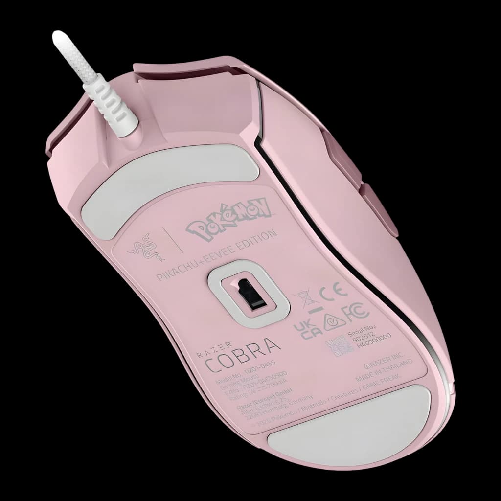 Razer Cobra Édition Pokémon Pikachu & Eevee 8500 DPI Rose, dessous: capteur optique, logo Pokémon et texte Razer Cobra gravés