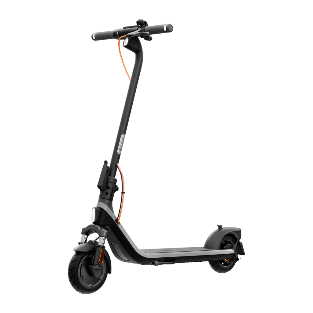 Ninebot by Segway E2 Plus E II Noir, vue latérale: trottinette électrique noire avec câble orange, guidon et roues visibles