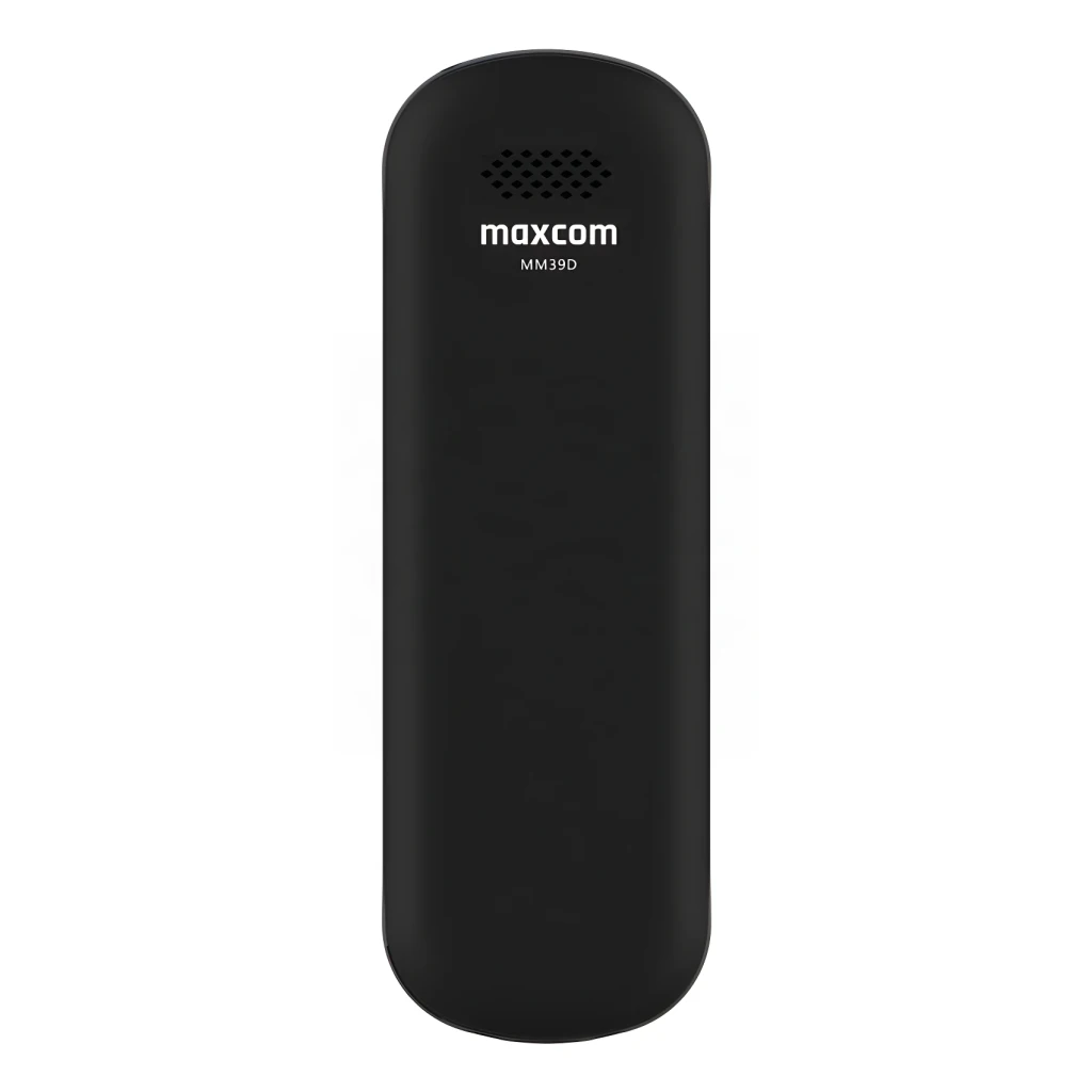 Maxcom MM39D SE 4G negro, vista trasera: auricular negro mate con altavoz superior y logo Maxcom MM39D
