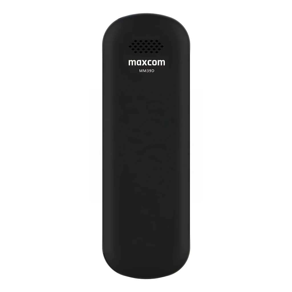 Maxcom MM39D SE 4G negro, vista trasera: auricular negro mate con altavoz superior y logo Maxcom MM39D