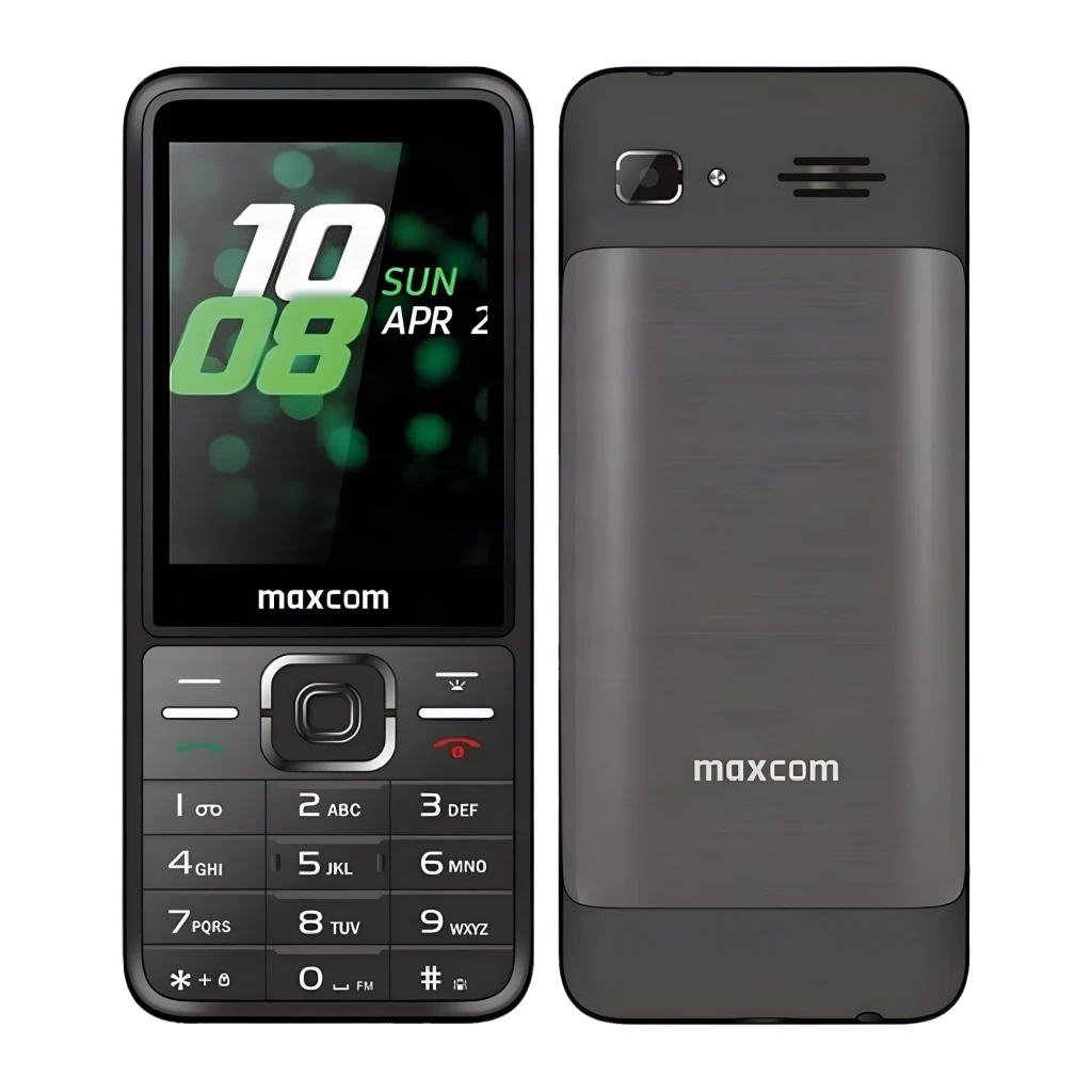 MaxCom MM244 Classic 16GB negro, vistas frontal y trasera: pantalla con hora, teclado numérico y módulo de cámara