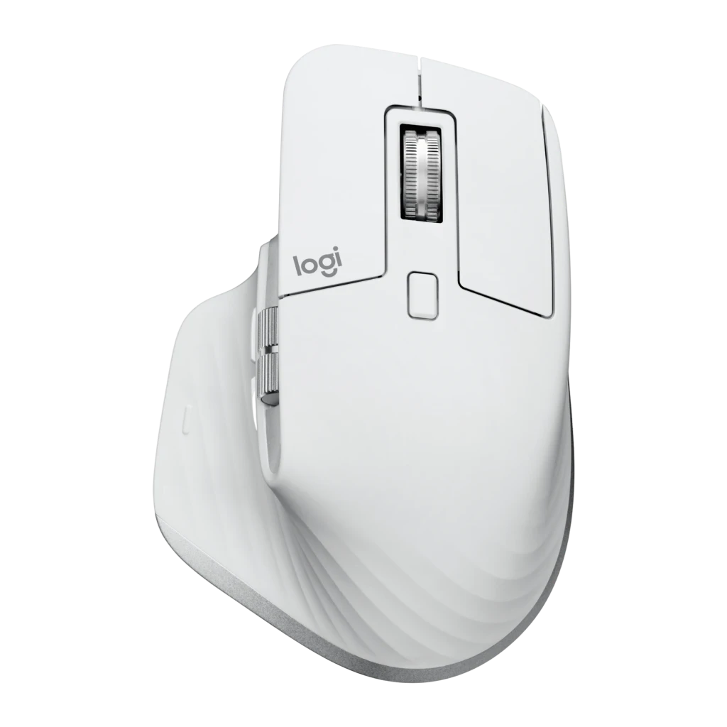 Ratón Logitech MX Master 3S Inalámbrico Ergonómico Gris Pálido, vista superior en ángulo: rueda MagSpeed, botón central