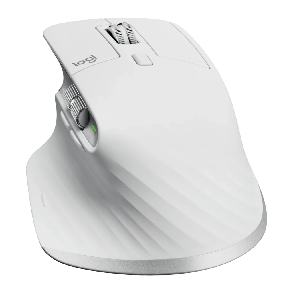 Ratón Logitech MX Master 3S Inalámbrico Ergonómico Gris Pálido, vista lateral: rueda de desplazamiento, rueda lateral