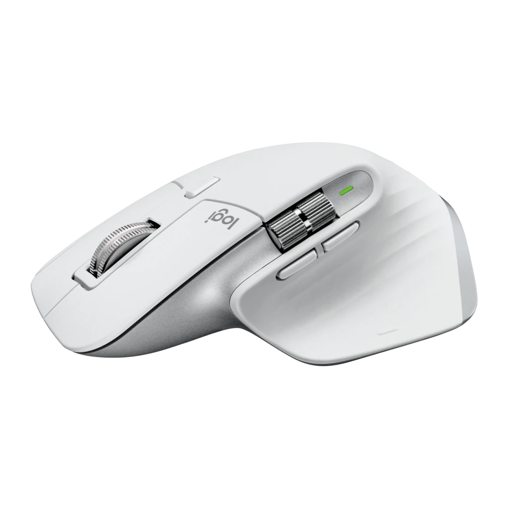Ratón Logitech MX Master 3S Inalámbrico Ergonómico Gris Pálido, vista lateral: rueda MagSpeed y scroll horizontal