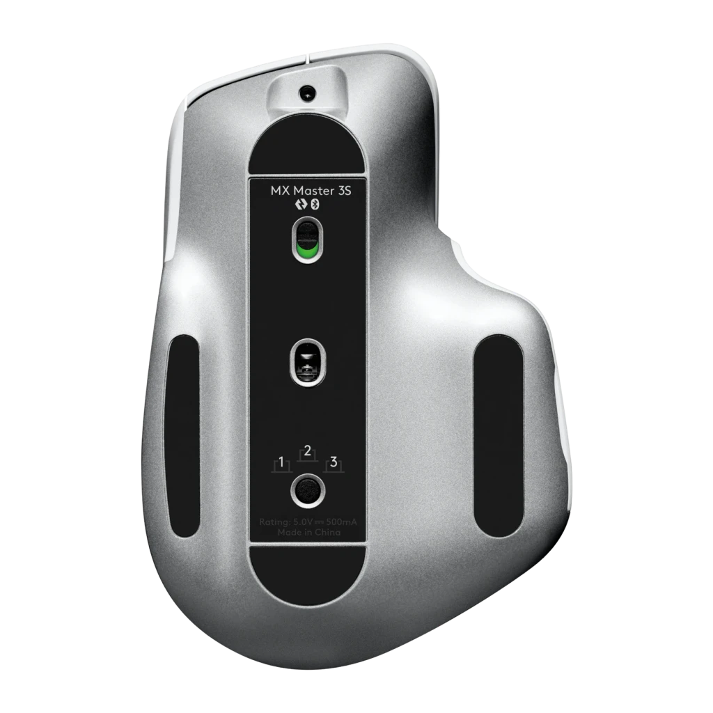 Ratón Logitech MX Master 3S Inalámbrico Ergonómico Gris Pálido, vista inferior: sensor óptico, botón Easy-Switch y patas