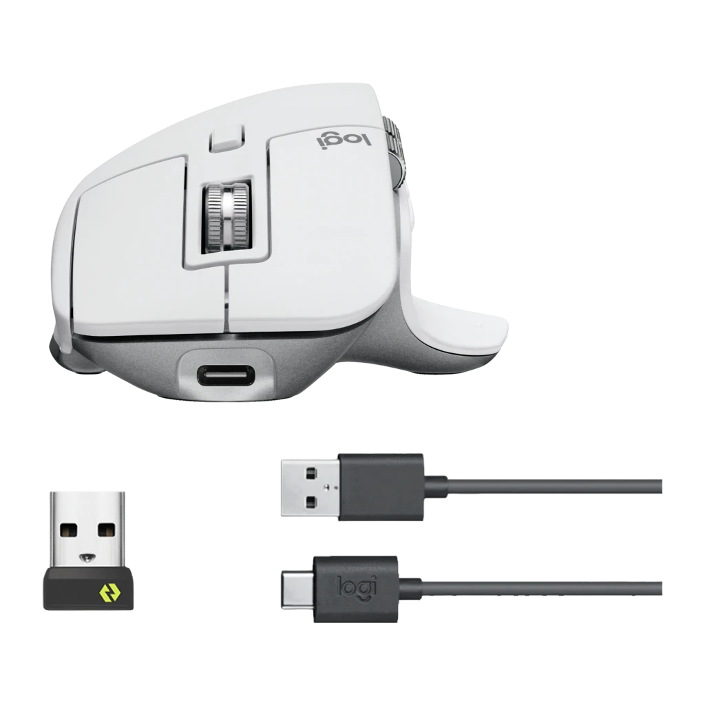 Ratón Logitech MX Master 3S Inalámbrico Ergonómico Gris Pálido, vista superior con accesorios: rueda MagSpeed, puerto USB-C