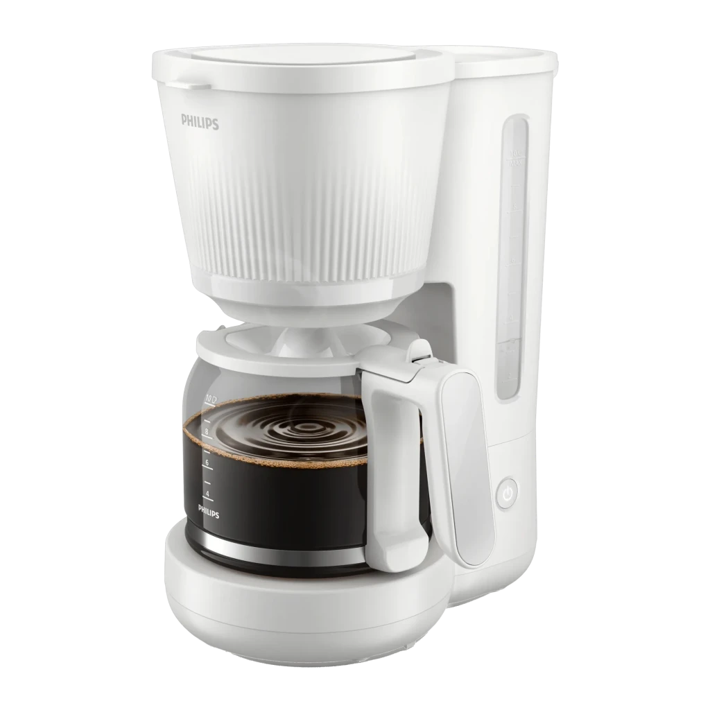 Philips Cafeteira de gotejamento HD7411/00 1,25L Branca, vista frontal 3/4: reservatório canelado, jarra de vidro com café