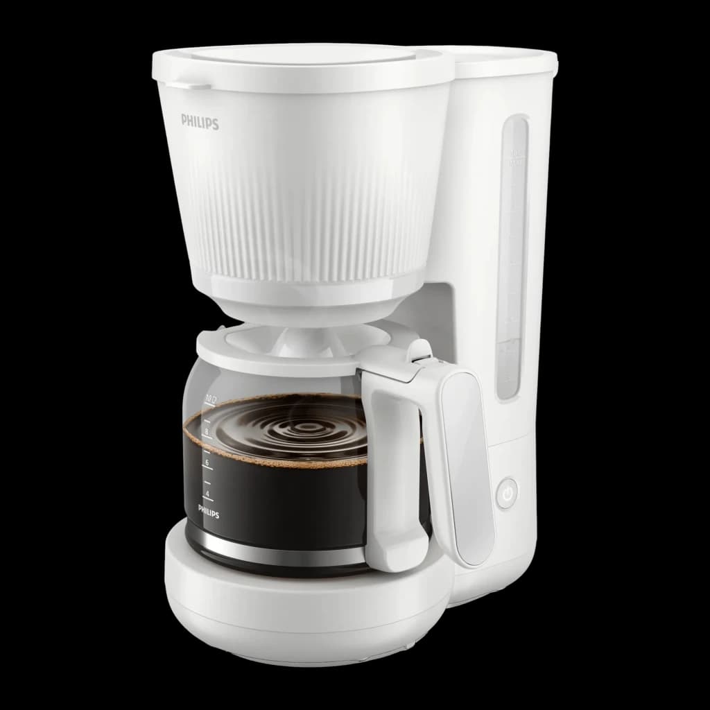 Philips Cafeteira de gotejamento HD7411/00 1,25L Branca, vista frontal 3/4: reservatório canelado, jarra de vidro com café