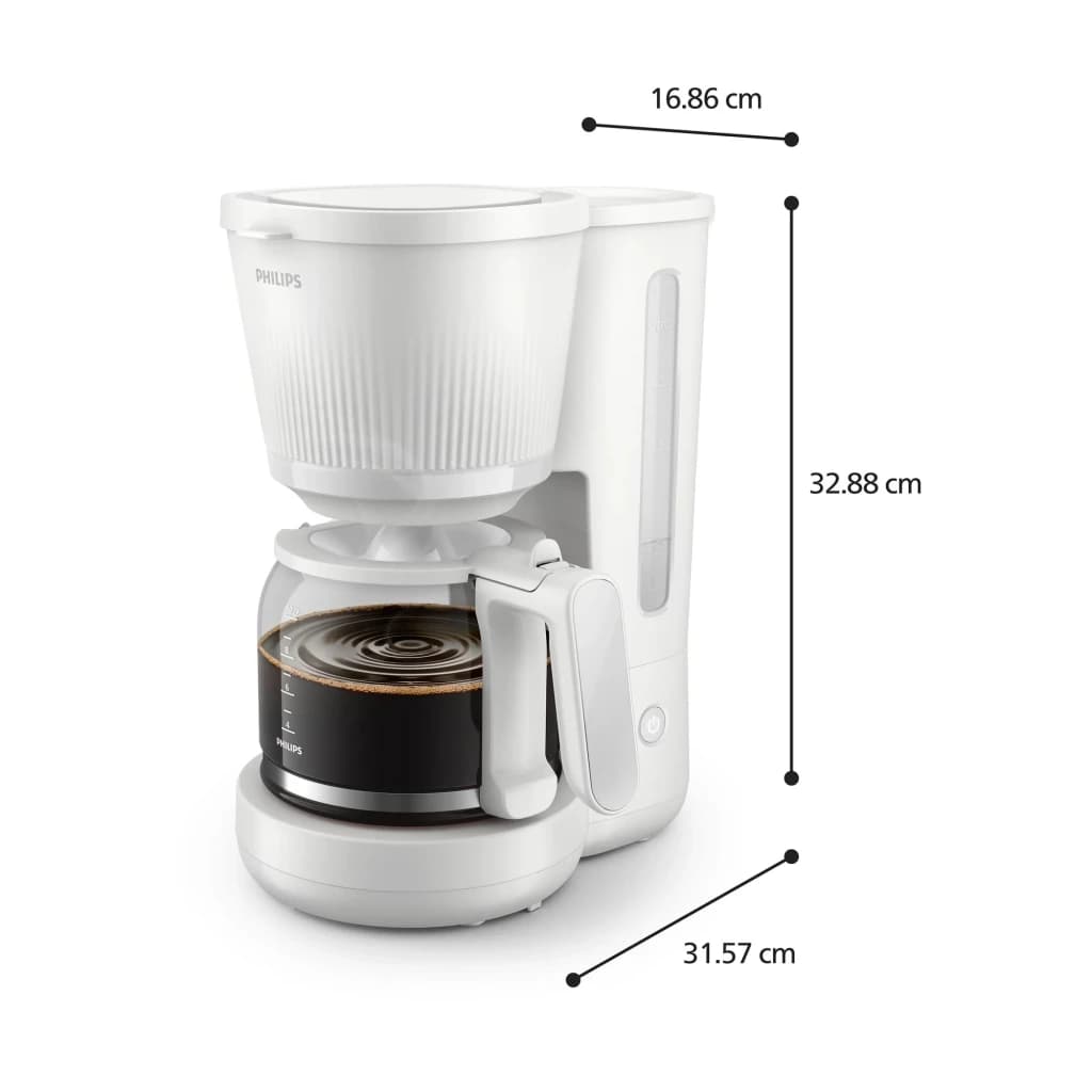 Philips Cafeteira gotejamento HD7411/00 1,25 L Branca, vista lateral com dimensões: 16,86 x 31,57 x 32,88 cm