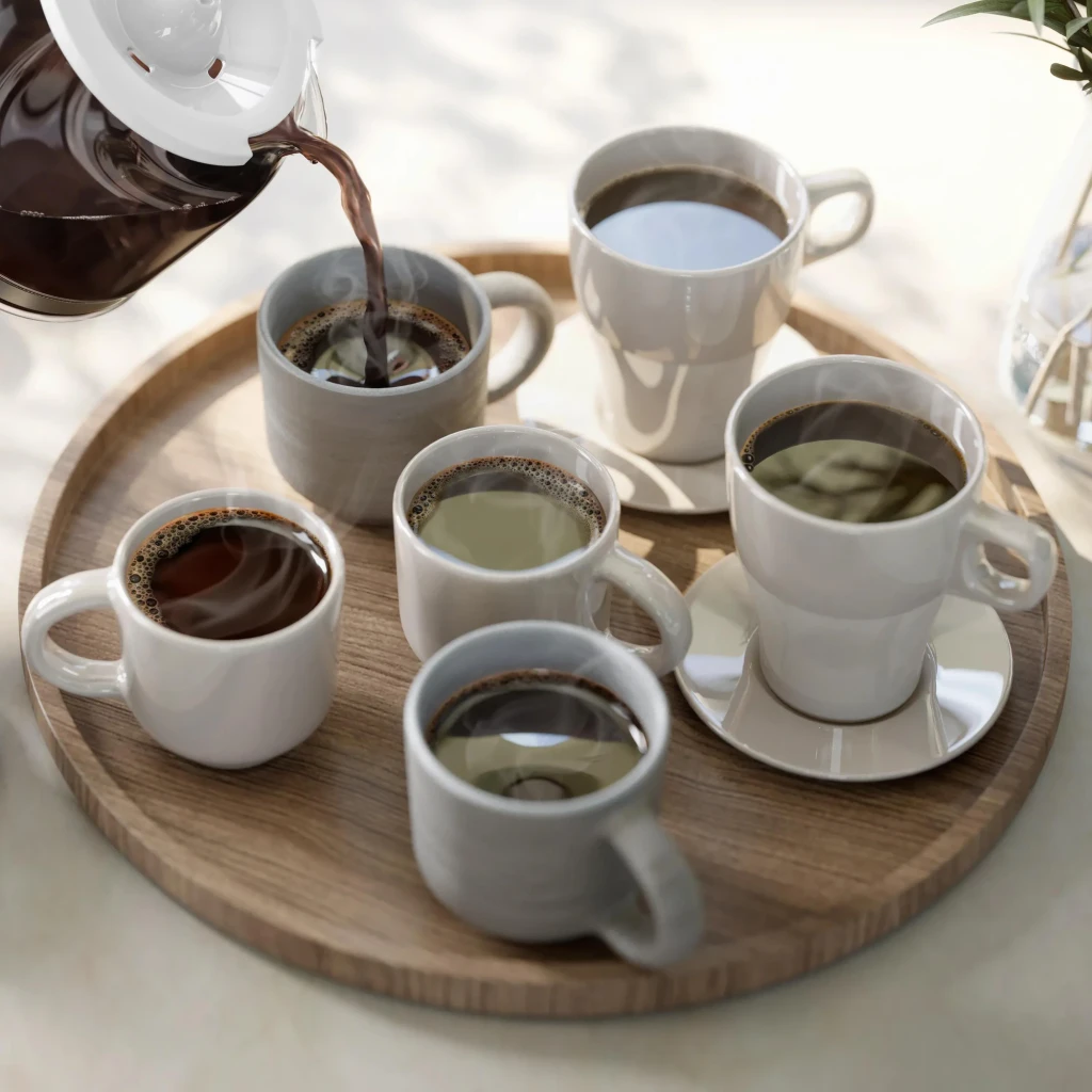 Philips Cafeteira gotejamento HD7411/00 1,25 L Branca, uso: jarra servindo café em 5 xícaras brancas em bandeja de madeira