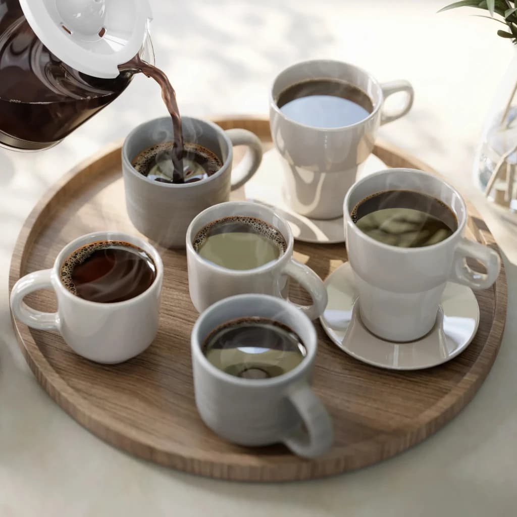 Philips Cafeteira gotejamento HD7411/00 1,25 L Branca, uso: jarra servindo café em 5 xícaras brancas em bandeja de madeira