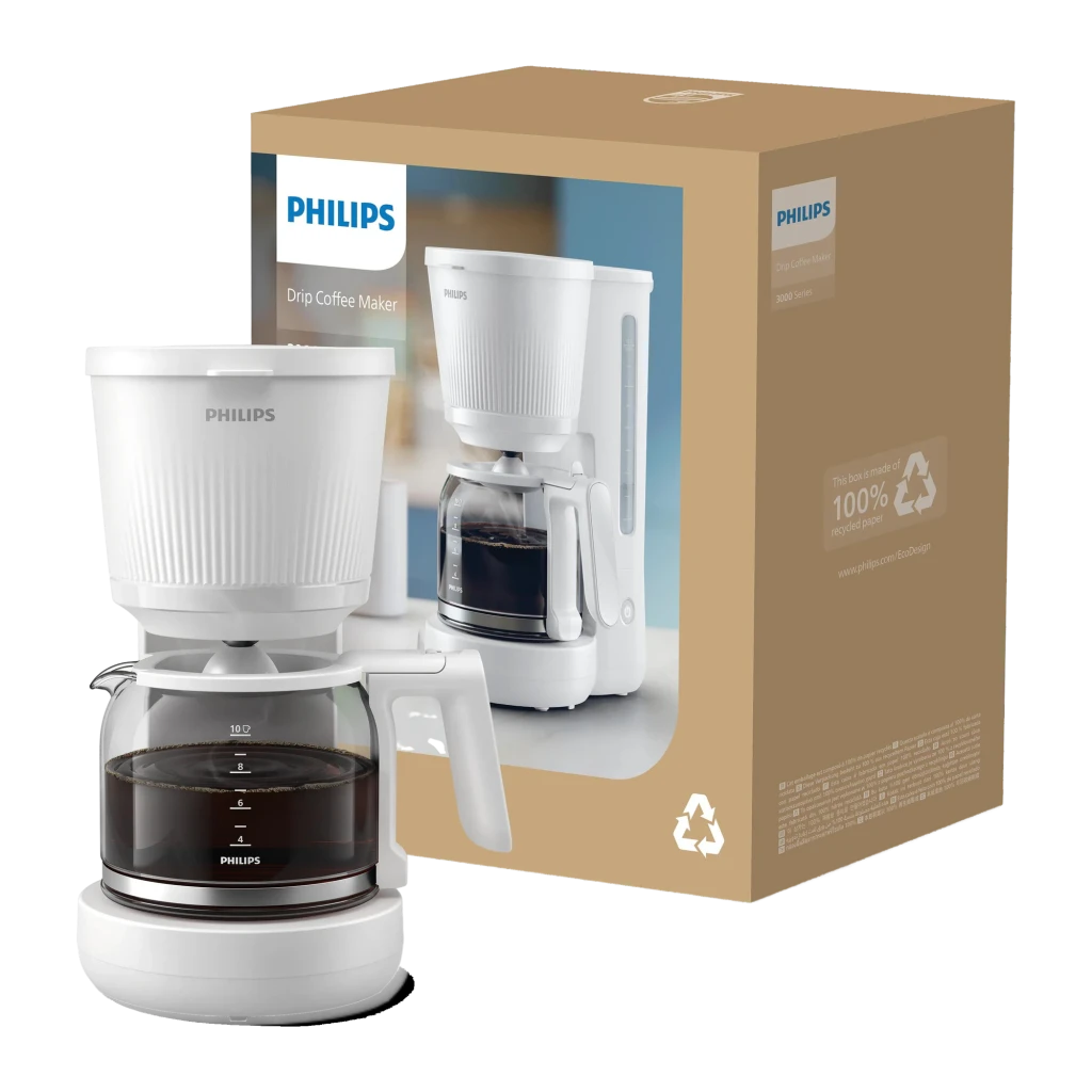 Philips Cafeteira de gotejamento HD7411/00 1,25L Branca, produto e caixa: cafeteira branca com jarra de vidro ao lado