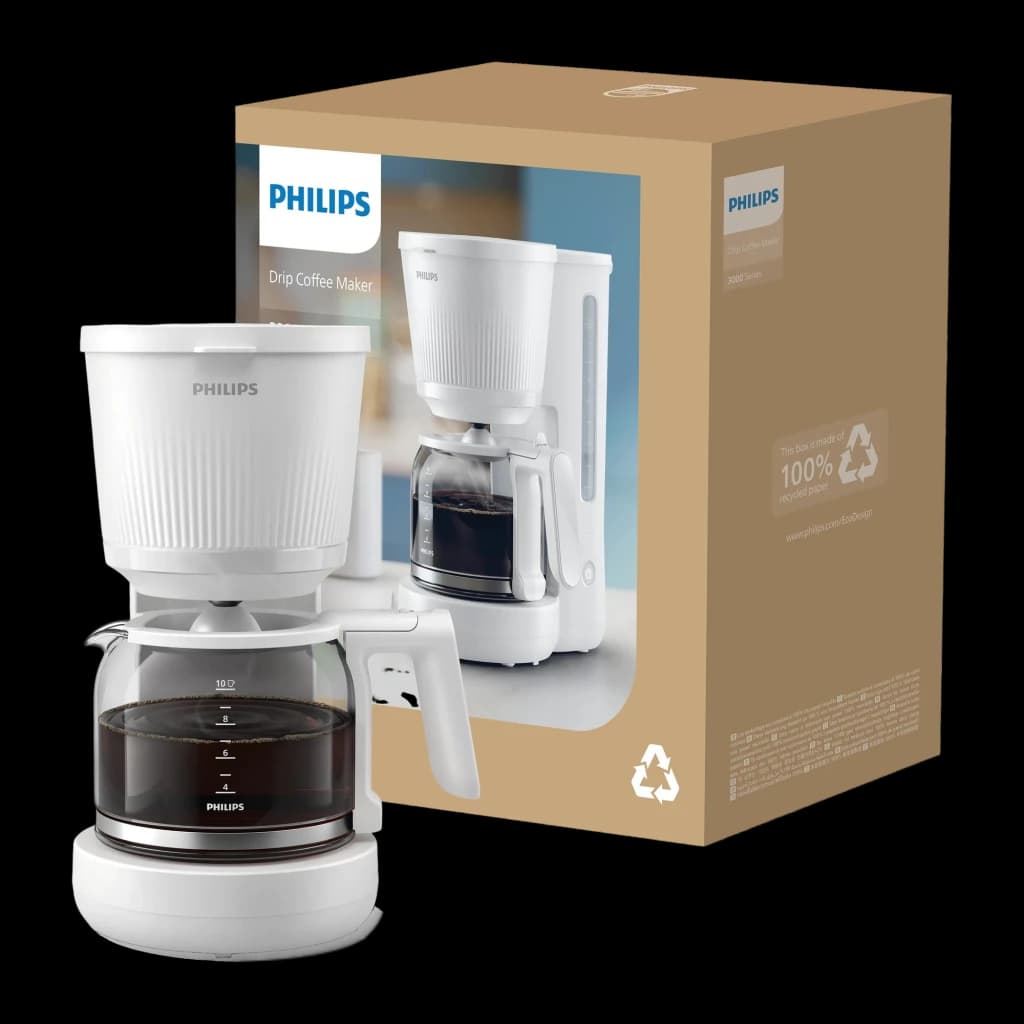 Philips Cafeteira de gotejamento HD7411/00 1,25L Branca, produto e caixa: cafeteira branca com jarra de vidro ao lado