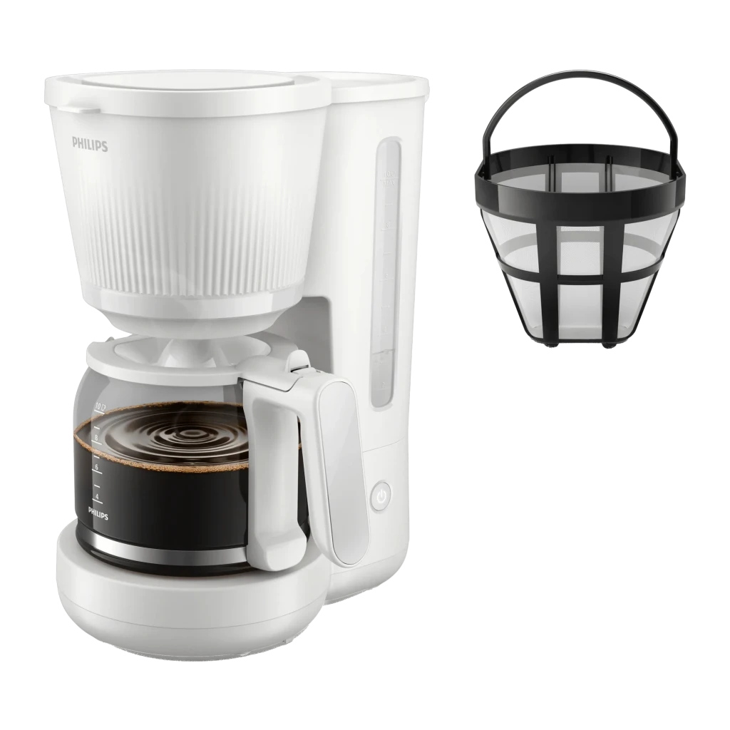 Philips Cafeteira gotejamento HD7411/00 1,25L Branca, detalhe: jarra com café e filtro permanente reutilizável incluído
