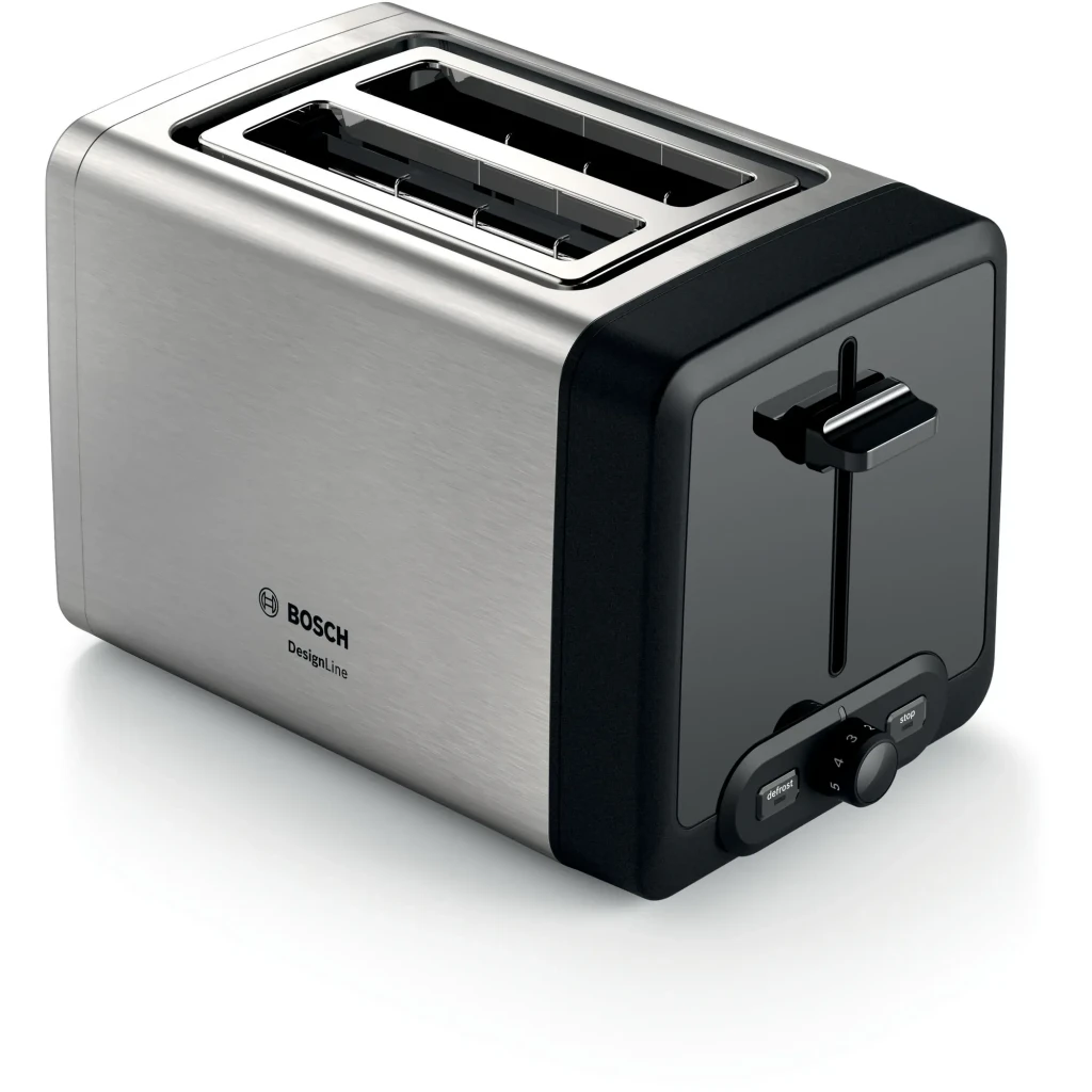 Bosch TAT4P420DE 970W negro, vista en ángulo: cuerpo acero cepillado, ranura doble, palanca y botones laterales visibles