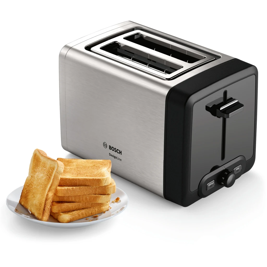 Bosch TAT4P420DE Tostadora 970W negro, vista lateral: cuerpo acero inox con botones y plato de tostadas doradas