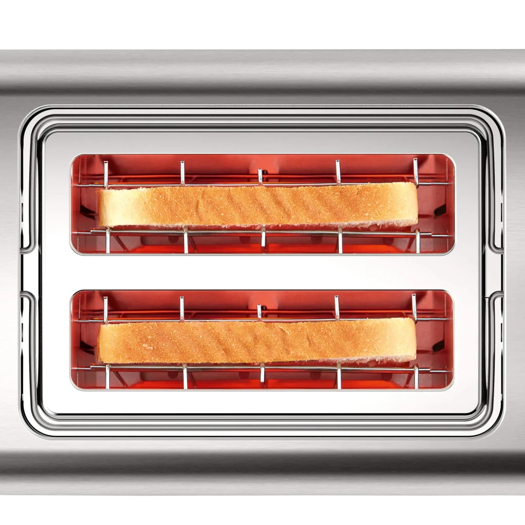 Tostadora Bosch 970W 2 Ranuras Negro/Plata TAT4P420DE, detalle: interior con 2 ranuras, resistencias rojas y rebanadas