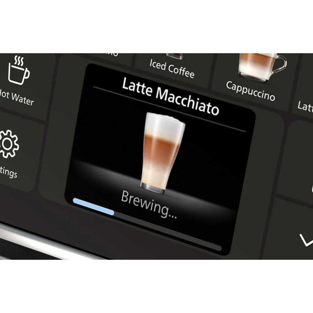 Cafetera superautomática Philips 4400 Series LatteGo EP4443/70 Gris, detalle: pantalla táctil preparando Latte Macchiato