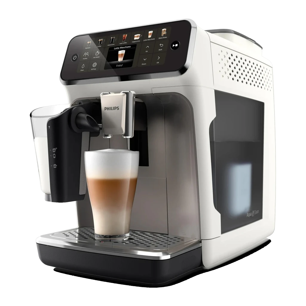 Cafetera superautomática Philips 4400 Series LatteGo EP4443/70 Gris, detalle: pantalla táctil con menú y latte macchiato