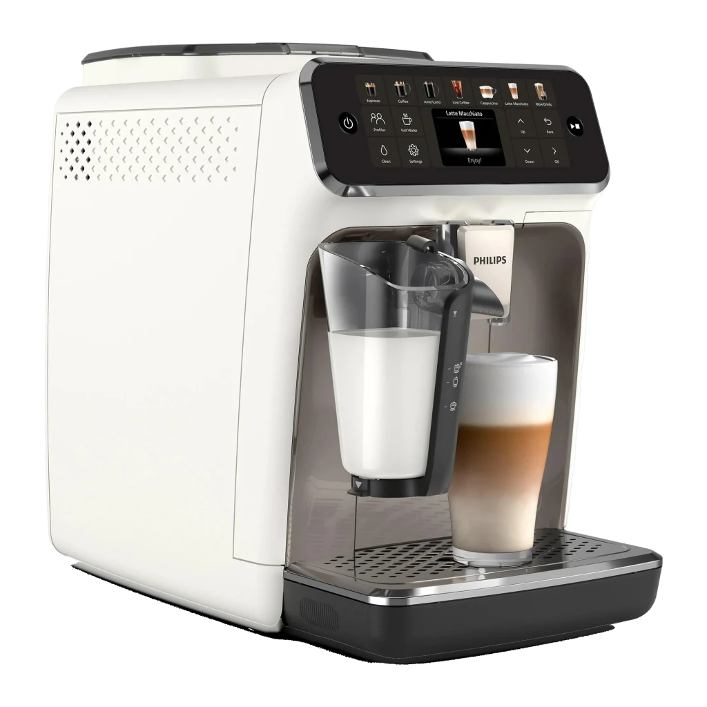 Cafetera superautomática Philips 4400 Series LatteGo EP4443/70 Gris, detalle: pantalla táctil y dos bebidas preparadas bajo