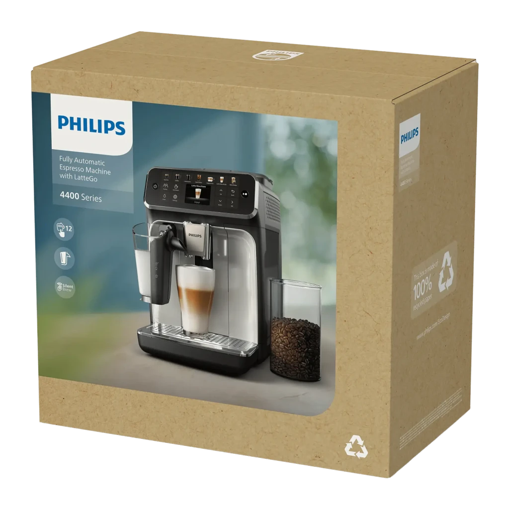 Cafetera superautomática Philips 4400 Series LatteGo EP4443/70 Gris, caja: embalaje kraft reciclable con imagen frontal