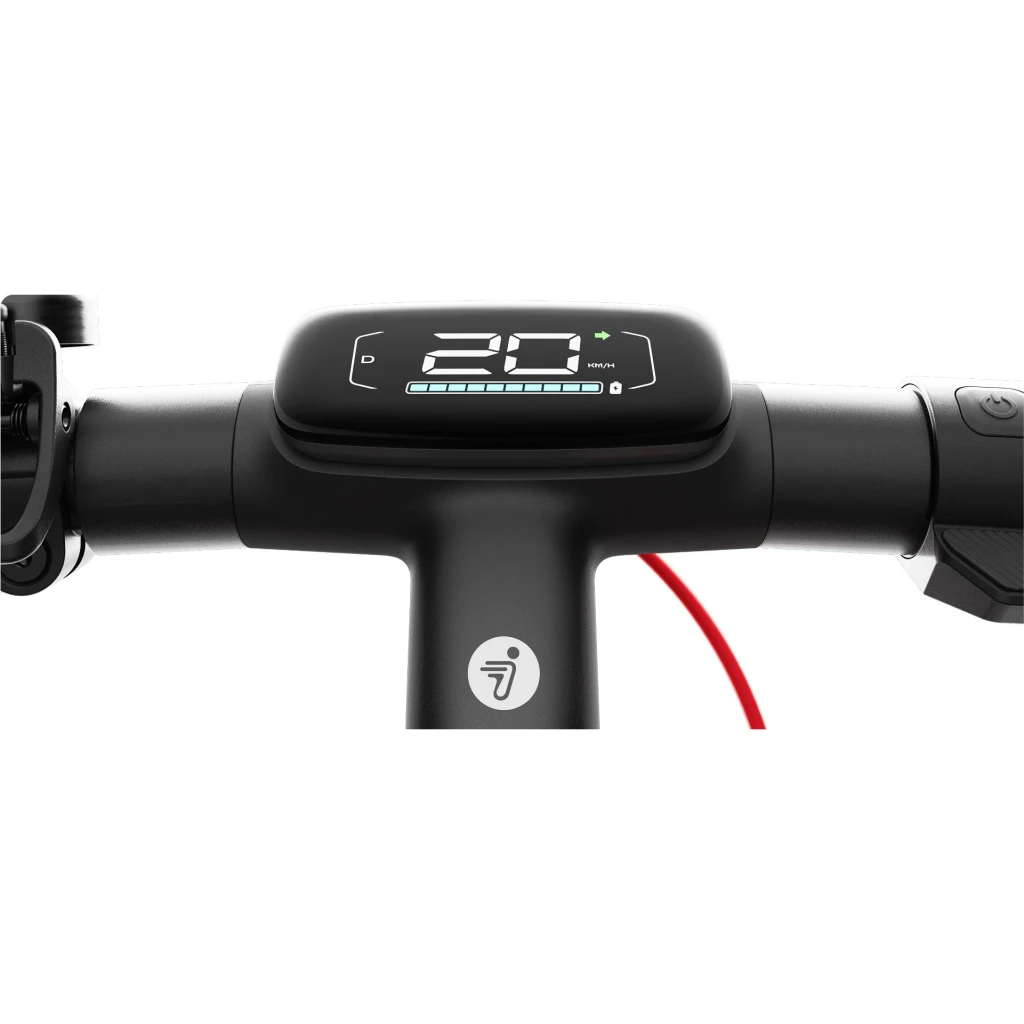Segway-Ninebot E3 400W negro, detalle manillar: pantalla LCD mostrando 20 km/h, batería y logo Ninebot