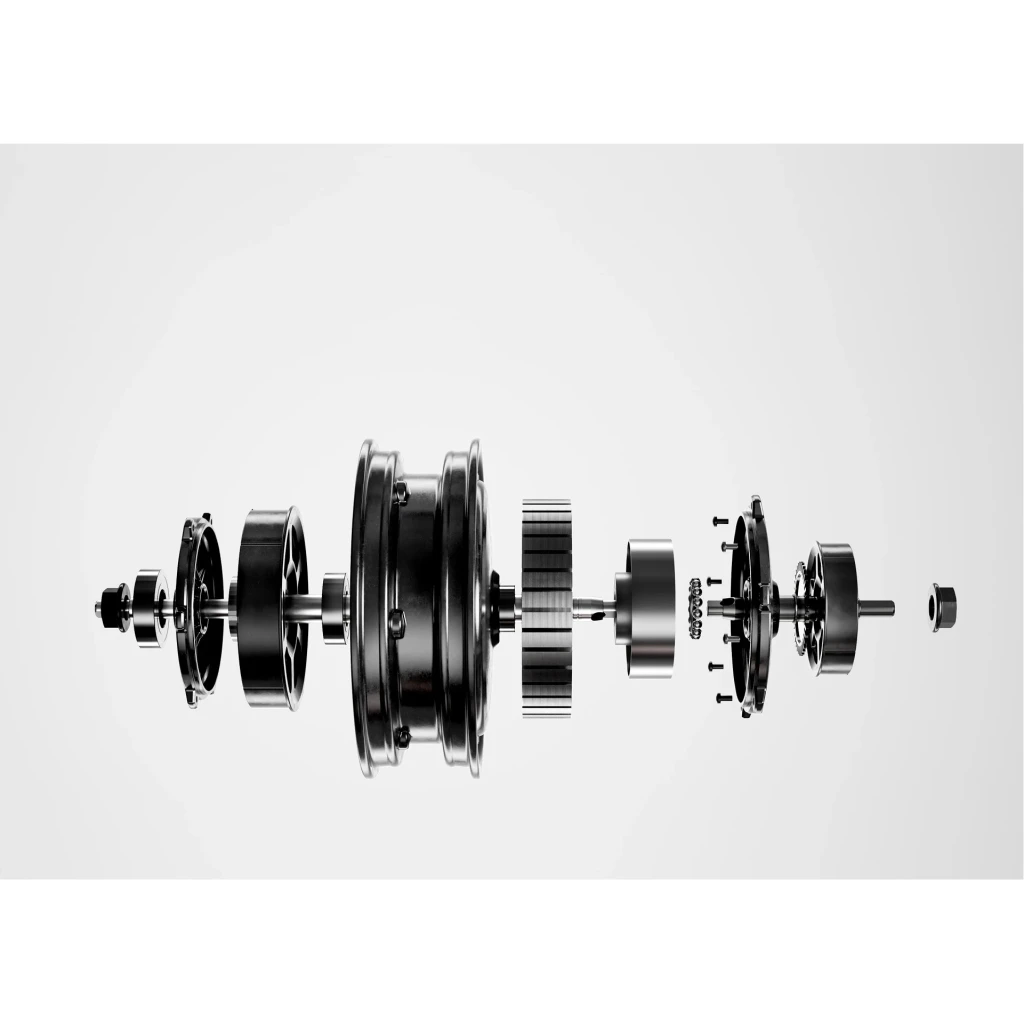 Segway-Ninebot E3 400W negro, detalle motor: vista explosionada del motor de cubo con piezas internas separadas