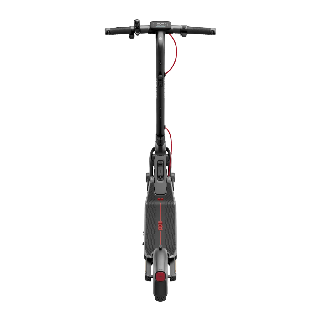 Segway-Ninebot E3 400W negro, vista frontal cenital: manillar, deck antideslizante y luz trasera roja visibles