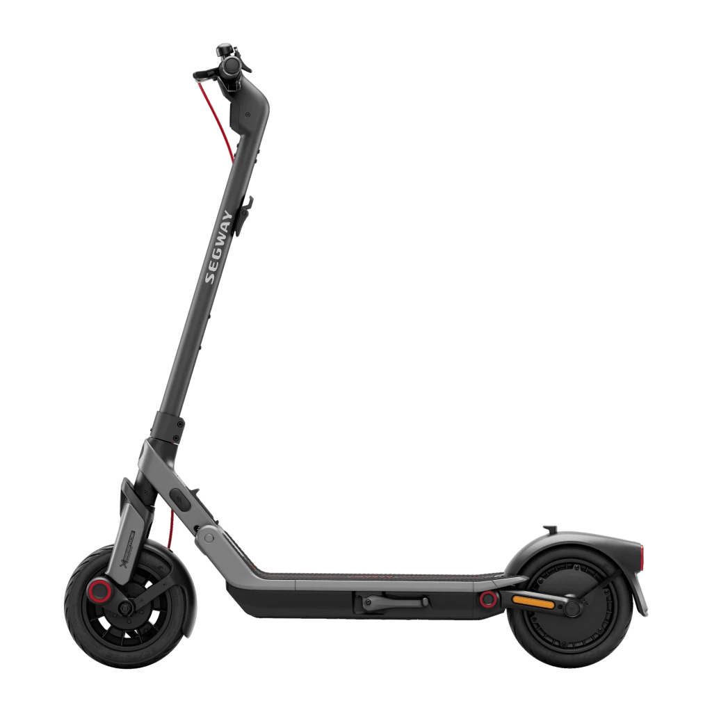 Segway-Ninebot E3 400W negro, vista lateral: perfil completo con logo Segway, ruedas y detalles rojos