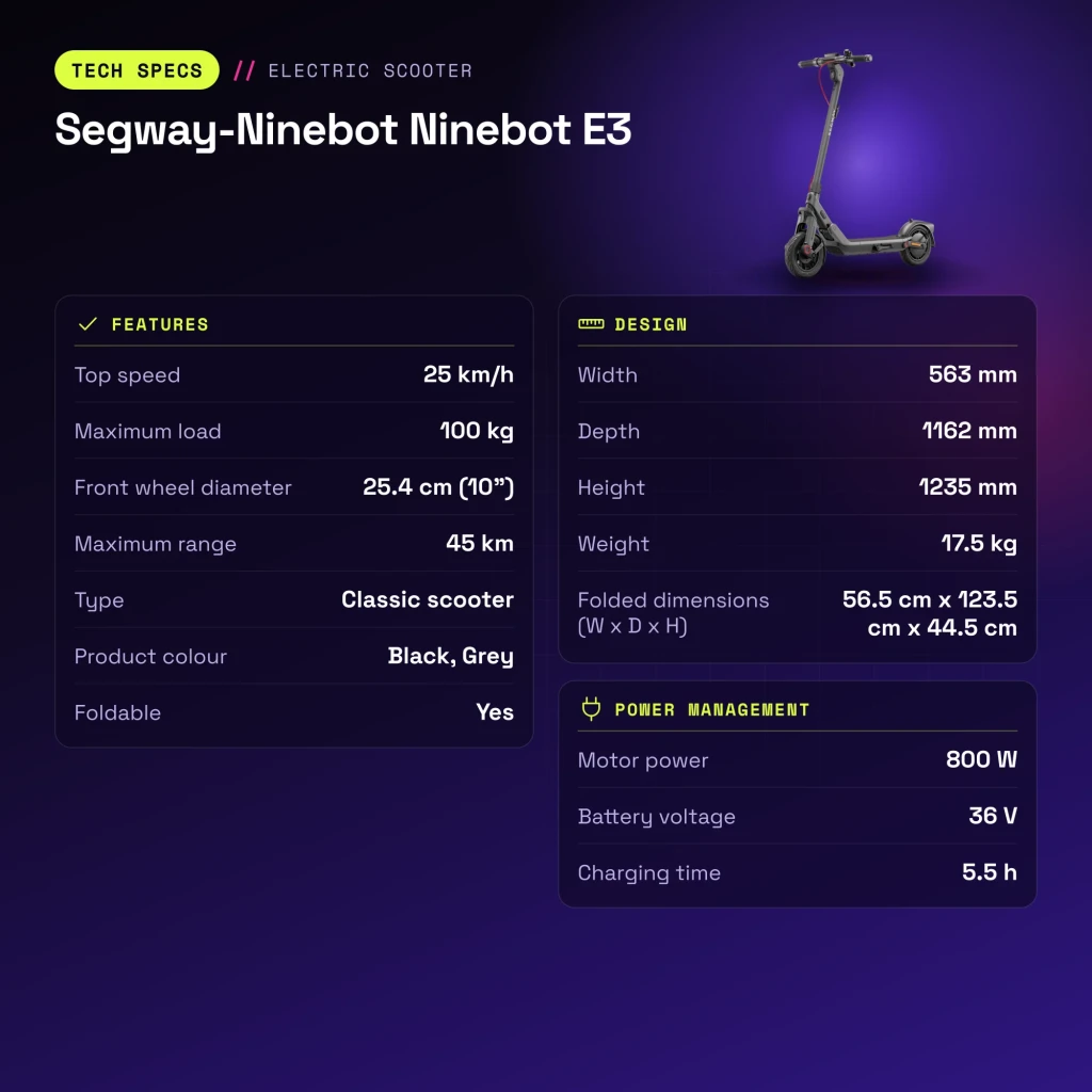 Patinete eléctrico Segway-Ninebot Ninebot E3 400W 45km 25km/h 10 pulgadas Negro/Gris - características