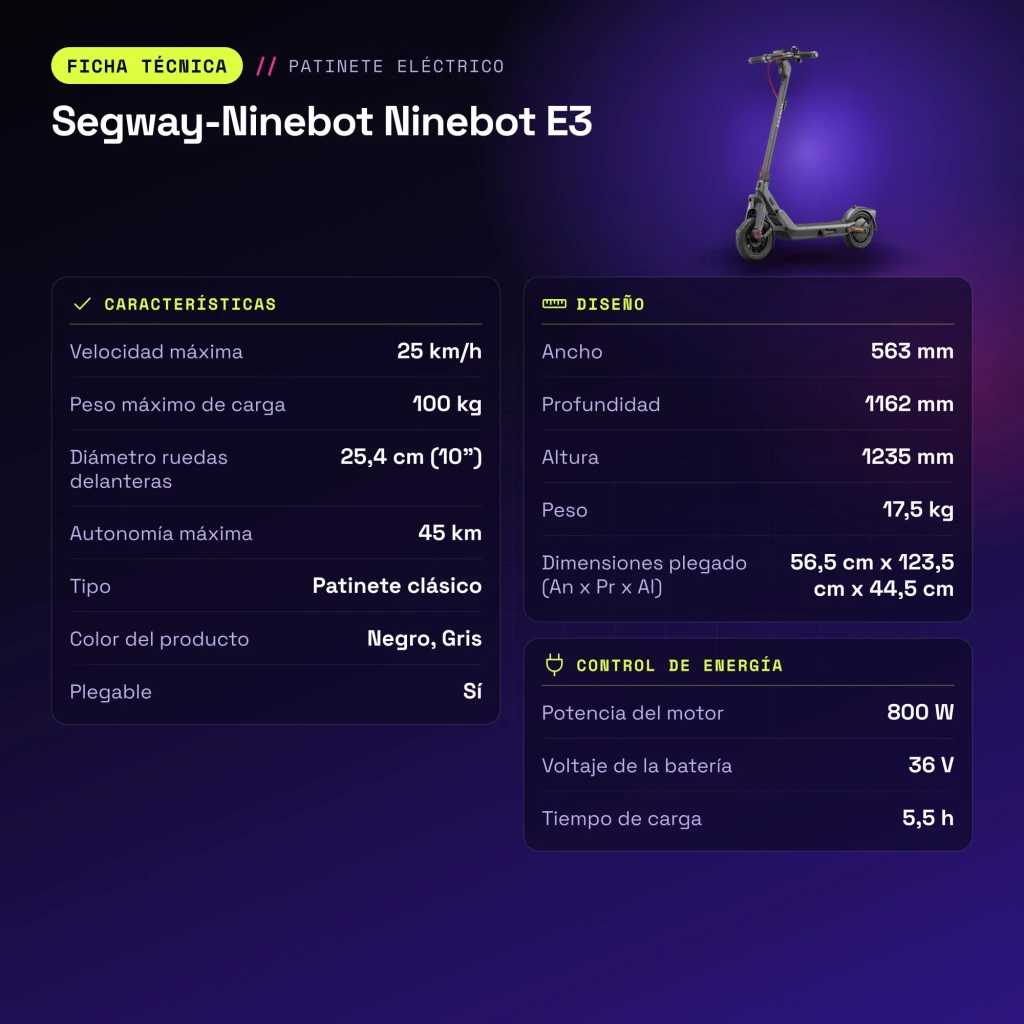 Patinete eléctrico Segway-Ninebot Ninebot E3 400W 45km 25km/h 10 pulgadas Negro/Gris - características