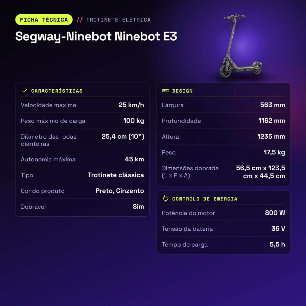 Patinete eléctrico Segway-Ninebot Ninebot E3 400W 45km 25km/h 10 pulgadas Negro/Gris - características