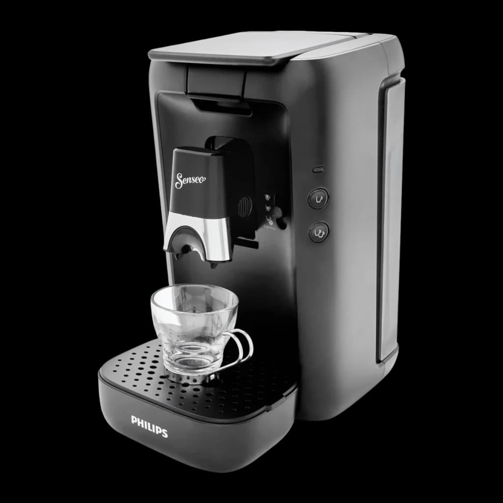 Philips Cafetière Senseo Maestro CSA260/60 noir, vue latérale: angle trois quarts avec tasse en verre sur plateau perforé