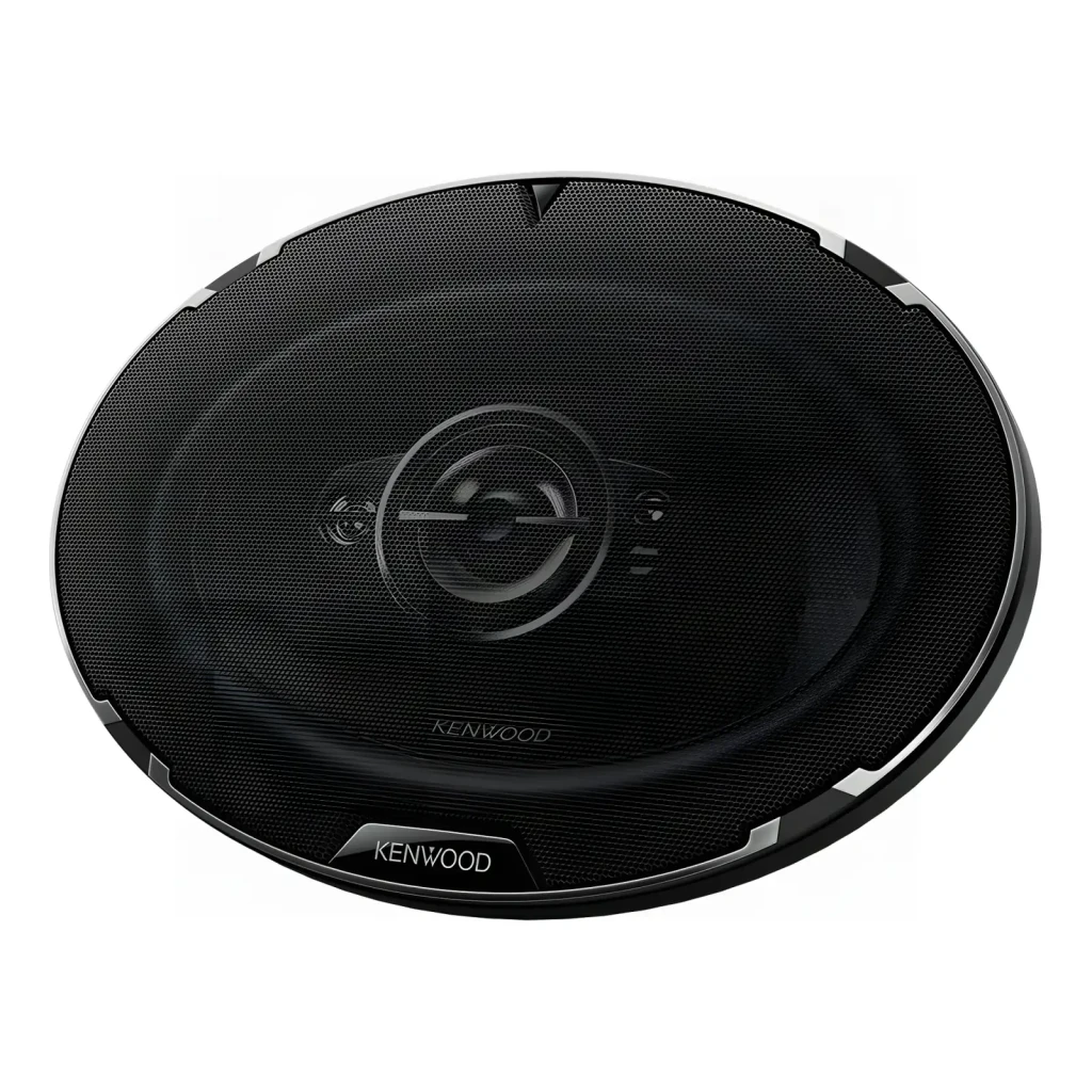 Altavoces de coche Kenwood 150W RMS Negro KFC-PS6997, vista frontal: rejilla negra redonda con tweeter central y logo Kenwood