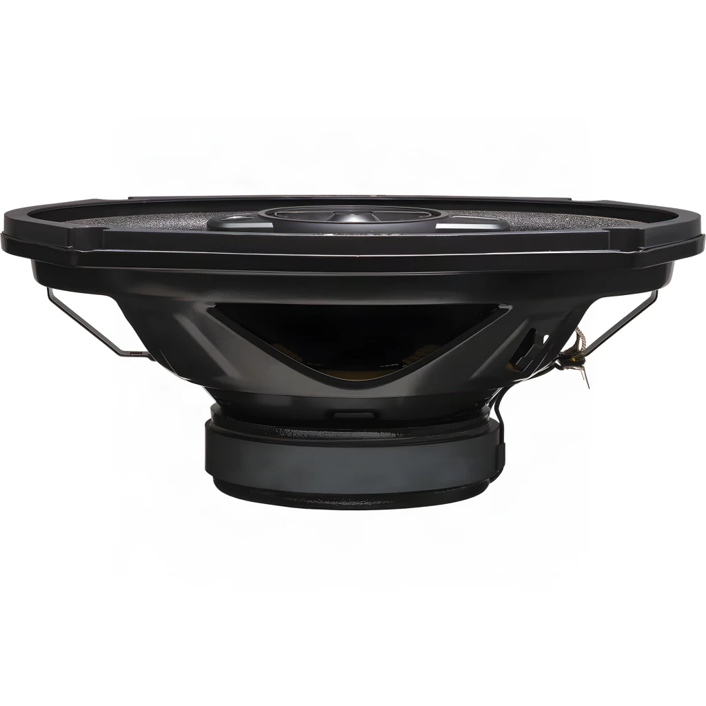 Altavoces de coche Kenwood 150W RMS Negro KFC-PS6997, vista lateral: estructura de la cesta, bobina y marco ovalado negro