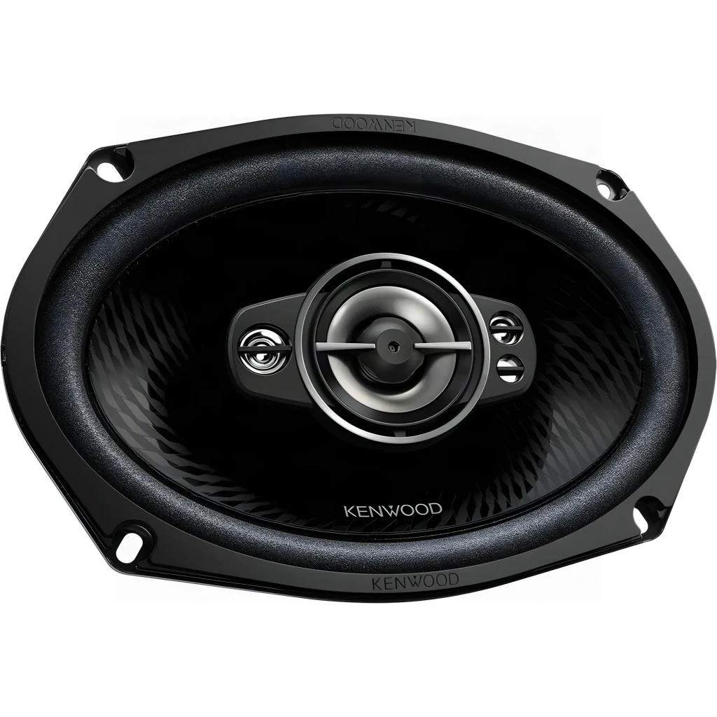 Altavoces de coche Kenwood 150W RMS Negro KFC-PS6997, vista frontal en ángulo: cono ovalado negro con tweeter central