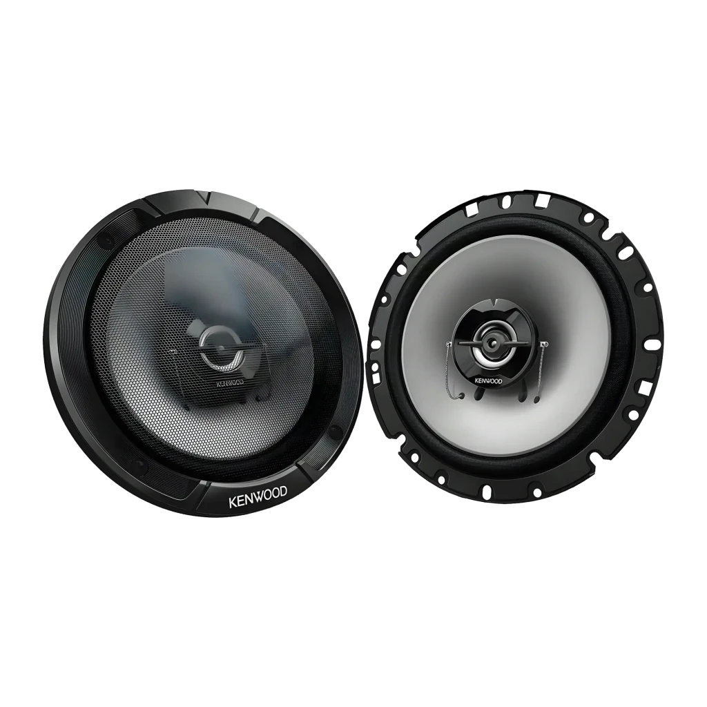 Altavoces de coche Kenwood 2 vías 30W RMS KFC-S1767, vista frontal: par de altavoces, uno con rejilla y otro sin ella