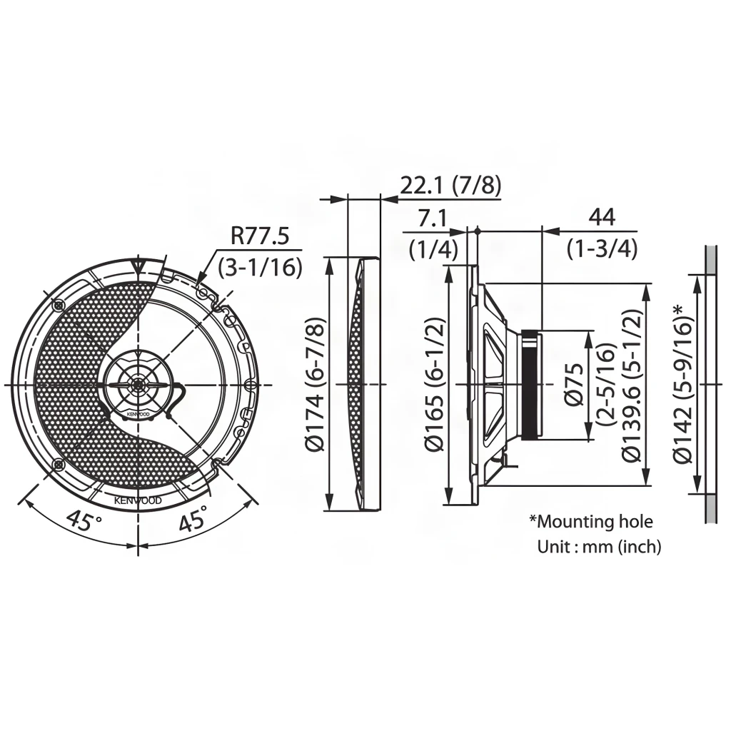 Altavoces de coche Kenwood 2 vías 30W RMS KFC-S1767, diagrama técnico: cotas en mm e inch, vistas frontal y lateral