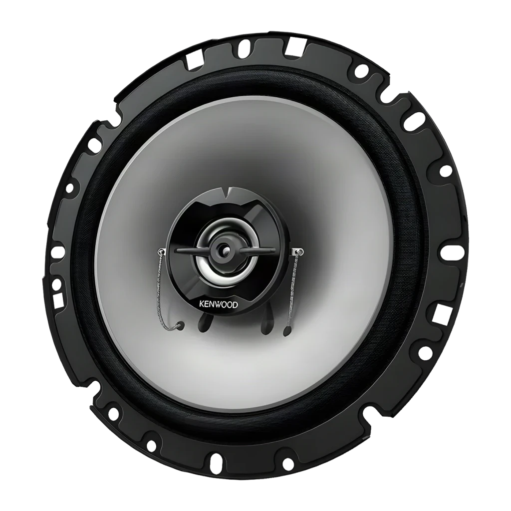 Altavoces de coche Kenwood 2 vías 30W RMS KFC-S1767, vista frontal: cono gris, tweeter central y marco negro con orificios