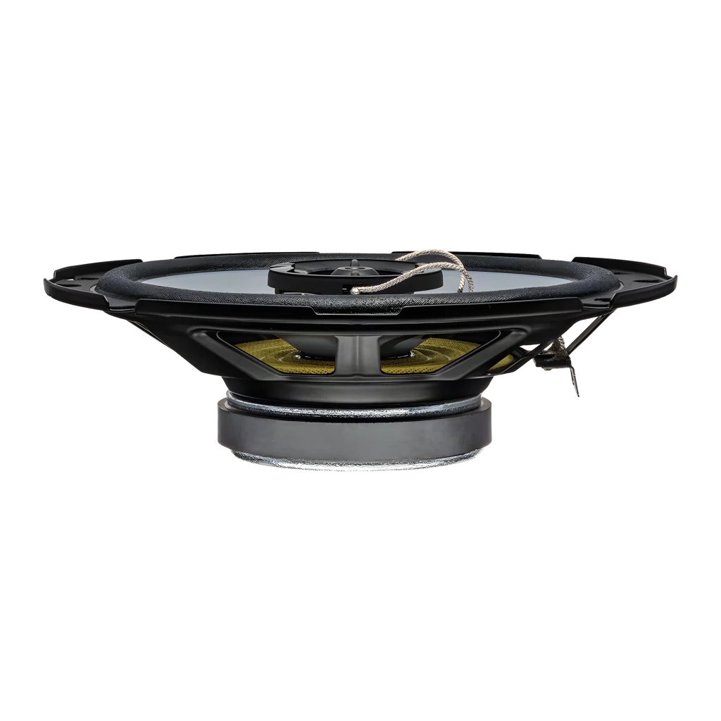 Altavoces de coche Kenwood 2 vías 30W RMS KFC-S1767, vista lateral: bobina, araña amarilla y motor magnético visibles