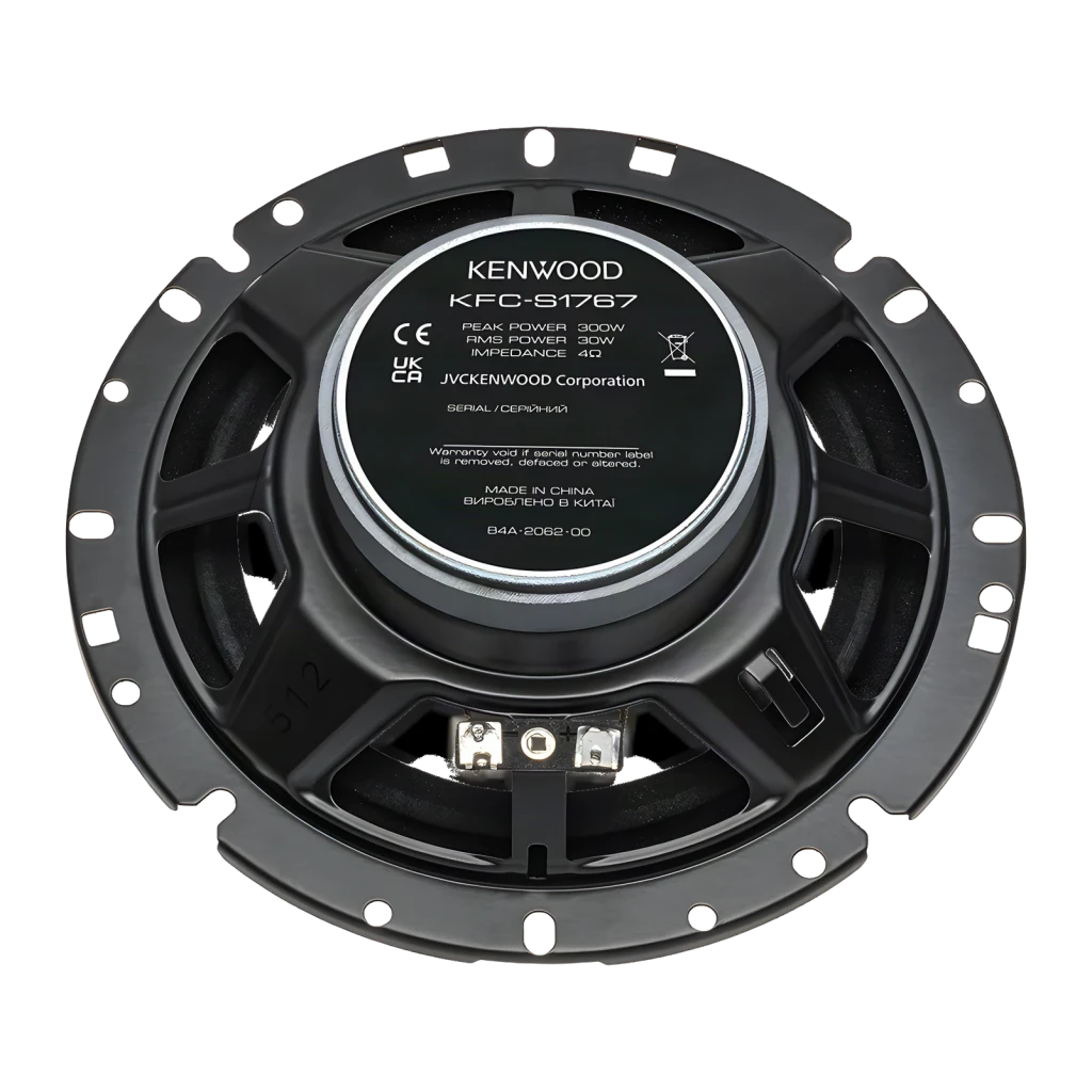 Altavoces de coche Kenwood 2 vías 30W RMS KFC-S1767, vista trasera: etiqueta con especificaciones, terminales y cestillo