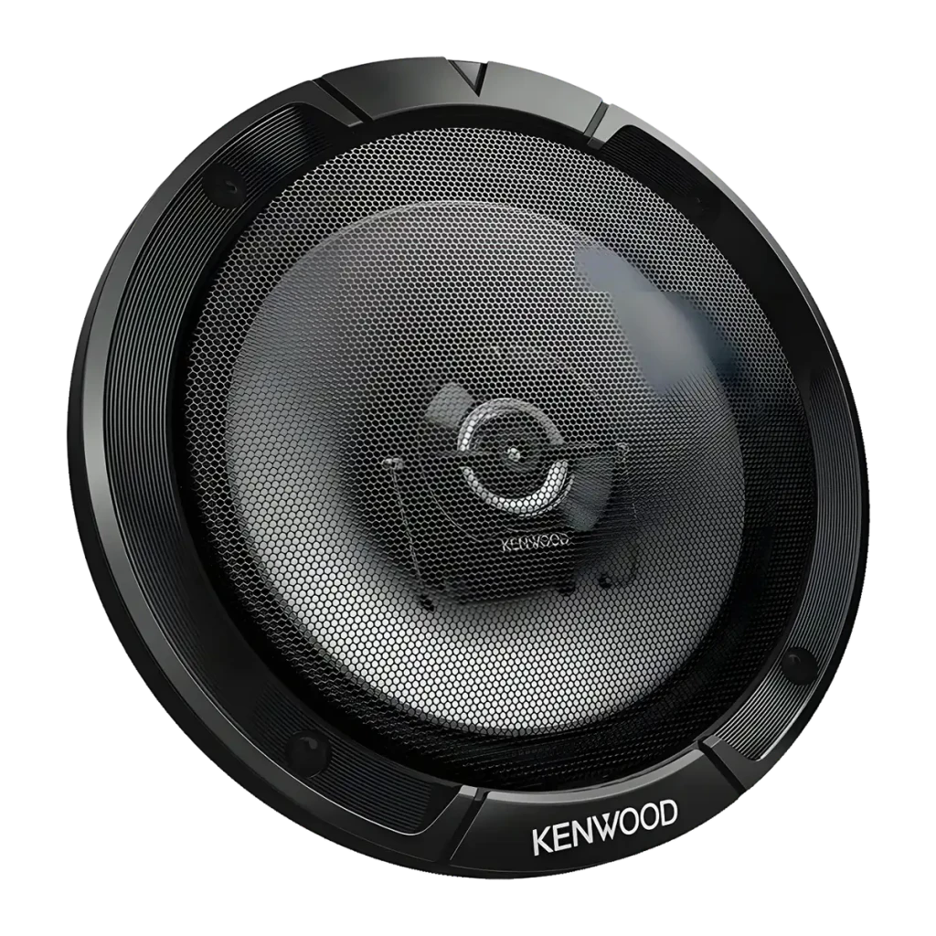 Altavoces de coche Kenwood 2 vías 30W RMS KFC-S1767, vista frontal: rejilla metálica hexagonal y logo Kenwood en marco negro