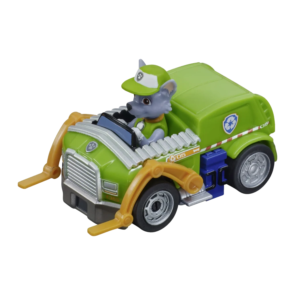 Pista de carreras Carrera First Paw Patrol Rocky 20065026 Escala 1/50, vista frontal: camión reciclaje verde con figura
